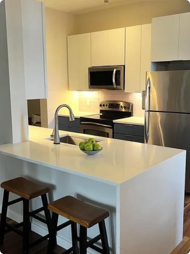 Kitchen with quartz waterfall island and paneled appliances in Newton MA